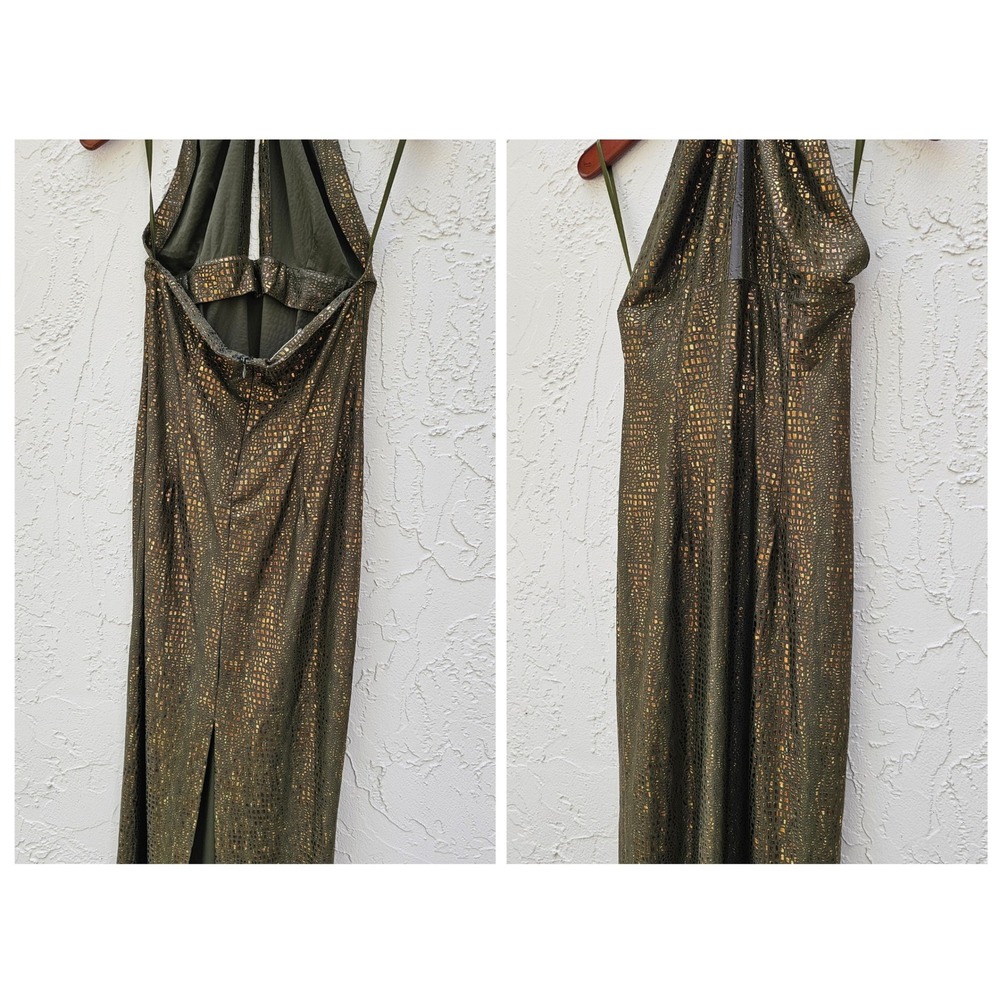 VTG Cache Halter Maxi Dress Womens Size 8 Olive Gold Metallic Y2K Evening Wear - Picture 7 of 7